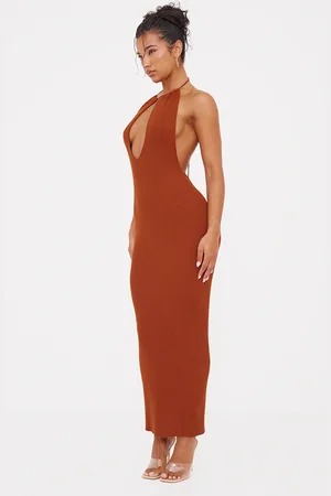 PRETTYLITTLETHING Rust Fine Knit Halterneck Maxi Dress
