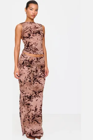 PRETTYLITTLETHING Mauve Floral Print Devore Mesh Ruched Maxi Skirt