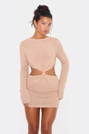 PRETTYLITTLETHING Champagne Tinsel Knit Twist Front Open Back Mini Dress