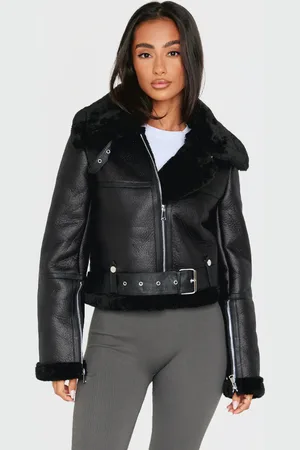 PRETTYLITTLETHING Petite Faux Leather Aviator Jacket
