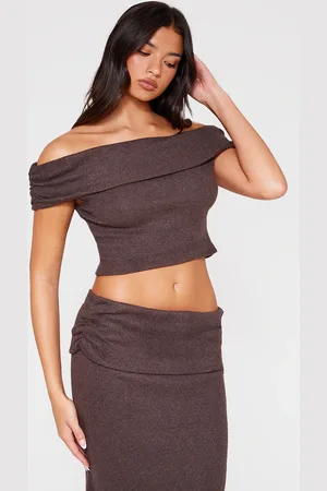 PRETTYLITTLETHING Brushed Rib Off The Shoulder Longline Top