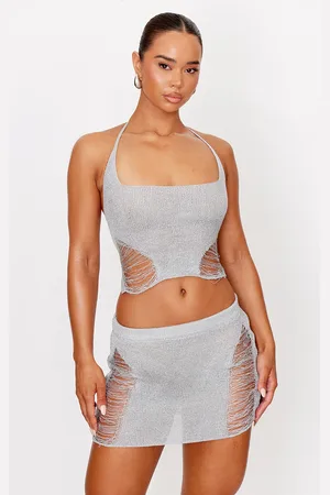 PRETTYLITTLETHING Silver Glitter Knit Distressed Ladder Halterneck Top