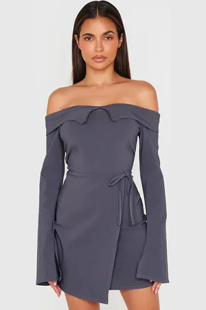 PRETTYLITTLETHING Charcoal Stretch Woven Fold Bardot Wrap Dress