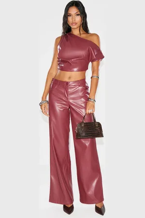 PRETTYLITTLETHING Burgundy Faux Leather Wide Leg Low Rise Trousers