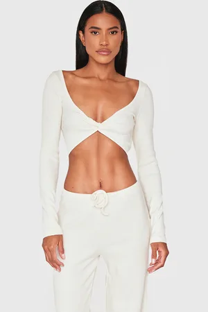 PRETTYLITTLETHING Cream Brushed Rib Twist Front Long Sleeve Bardot Top