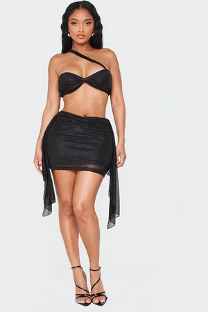 PRETTYLITTLETHING Shape Glitter Deep V Front Drape Side Mini Skirt