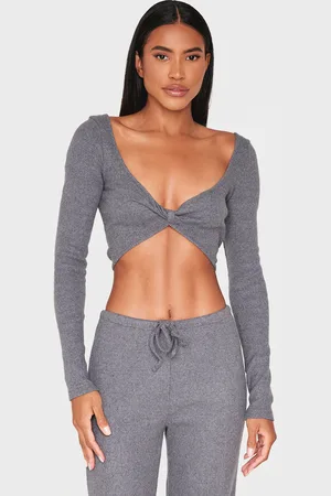PRETTYLITTLETHING Charcoal Brushed Rib Twist Front Long Sleeve Bardot Top