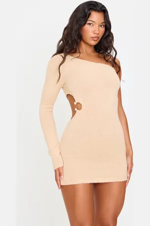 PRETTYLITTLETHING Soft Knit Trim Detail Cut Out One Shoulder Mini Dress