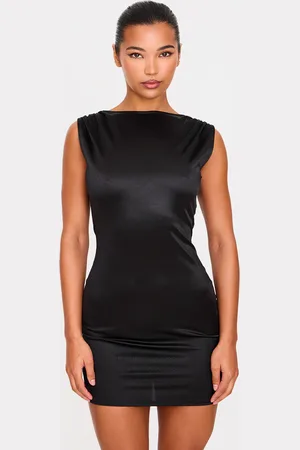 PRETTYLITTLETHING Stretch Satin Boat Neck Mini Dress