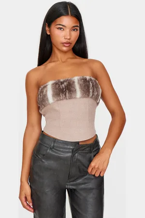PRETTYLITTLETHING Faux Fur Trim Wool Look Bandeau Corset