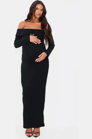 PRETTYLITTLETHING Maternity Brushed Rib Buckle Detail Off The Shoulder Top