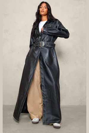 PRETTYLITTLETHING Tall Faux Leather Contrast Stitch Split Hem Trench Coat