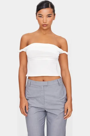 PRETTYLITTLETHING Cream Slinky Twist Detail Bardot Crop Top