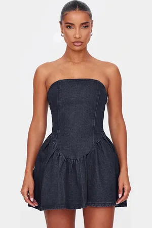 PRETTYLITTLETHING Lace Up Back Denim Puffball Dress
