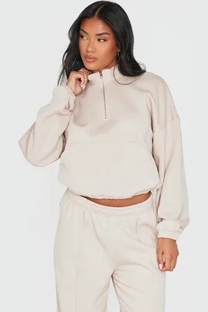 PRETTYLITTLETHING Beige Rib Pocket Seam Detail Half Zip Sweatshirt