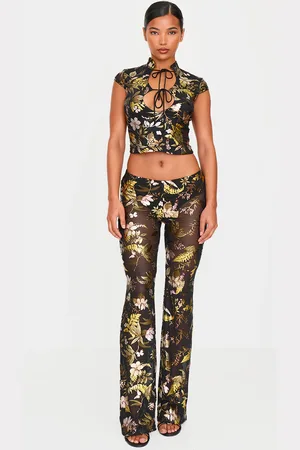 PRETTYLITTLETHING Floral Foil Printed Mesh Flare Trousers