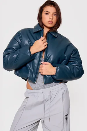 PRETTYLITTLETHING Teal Faux Leather Collar Detail Puffer Jacket