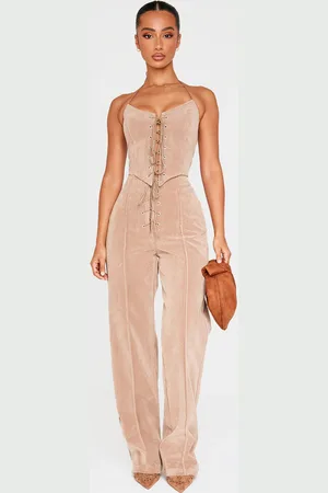 PRETTYLITTLETHING Petite Taupe Faux Suede Lace Up Wide Leg Trousers