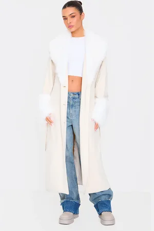 PRETTYLITTLETHING Faux Fur Trim Contrast Faux Suede Coat