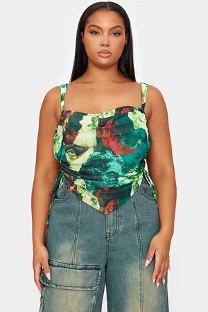 PRETTYLITTLETHING Plus Abstract Print Mesh Layered Corset Top