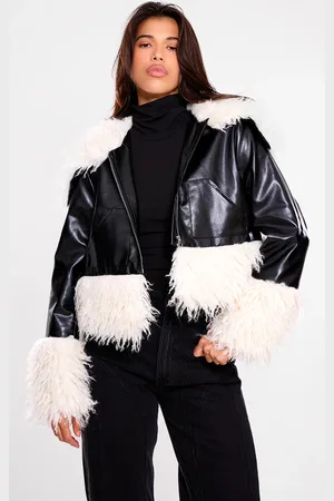 PRETTYLITTLETHING Faux Fur White Trim Contrast Faux Leather Jacket