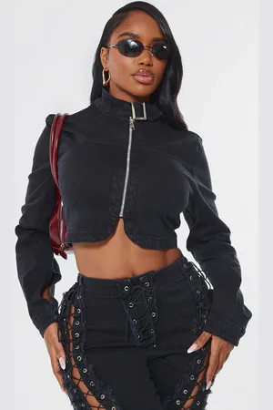 PRETTYLITTLETHING Shape Denim Lace Up Back Long Sleeve Jacket