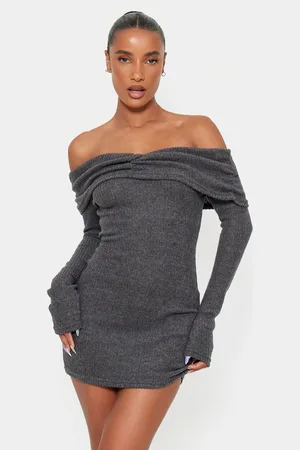 PRETTYLITTLETHING Brushed Rib Bardot Long Sleeve Bodycon Dress