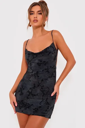 PRETTYLITTLETHING Floral Printed Devore Cowl Neck Shift Dress