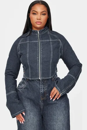 PRETTYLITTLETHING Plus Zip Up Cuff Detail Denim Jacket