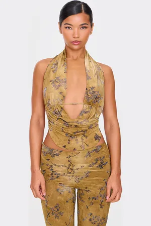 PRETTYLITTLETHING Olive Floral Print Devore Halterneck Top