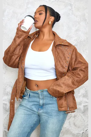PRETTYLITTLETHING Plus Washed Faux Leather Hardware Detail Belted Jacket