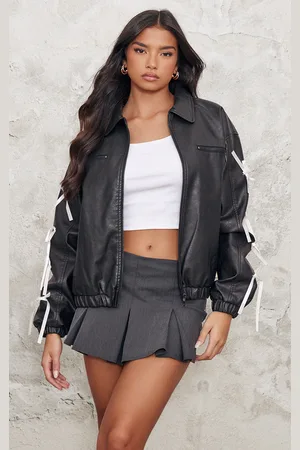 PRETTYLITTLETHING Faux Leather Bow Sleeve Detail Oversized Jacket