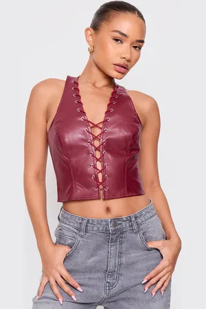 PRETTYLITTLETHING Petite Faux Leather Lace Up Halterneck Top
