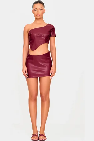 PRETTYLITTLETHING Burgundy Faux Leather Asymmetric Hem Mini Skirt