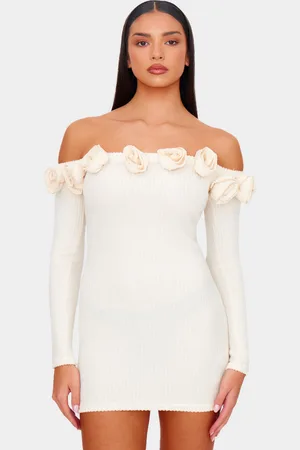 PRETTYLITTLETHING Cream Brushed Rib Corsage Detail Bardot Bodycon Dress