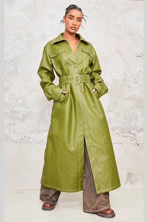 PRETTYLITTLETHING Olive Faux Leather Contrast Stitch Split Hem Trench Coat