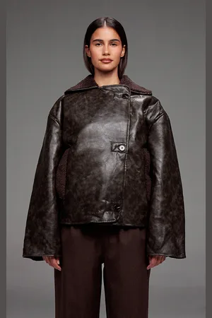 PRETTYLITTLETHING Distressed Faux Leather Borg Contrast Aviator Jacket