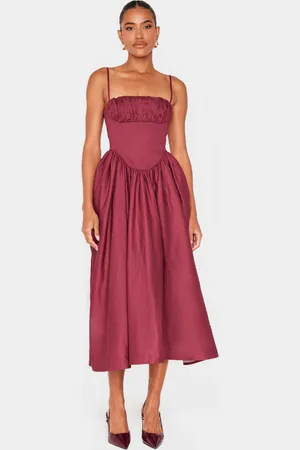 PRETTYLITTLETHING Burgundy Ruched Bust Corset Strappy Midaxi Dress