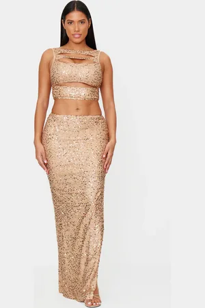 PRETTYLITTLETHING Shape Gold Sequin Maxi Skirt
