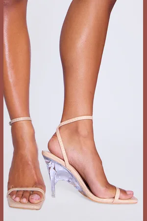 PRETTYLITTLETHING Nude Croc PU Wide Fit Square Toe Clear Wedge Heel Sandals