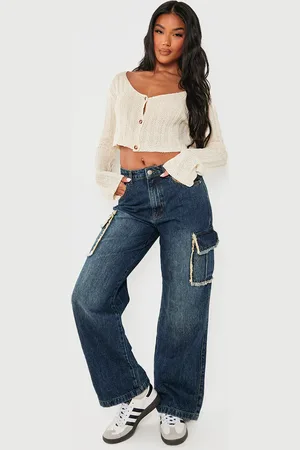 PRETTYLITTLETHING Frayed Seam Cargo Pocket Boyfriend Jeans
