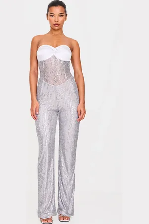 PRETTYLITTLETHING Silver Sequin Bandeau Sheer Panel Jumpsuit