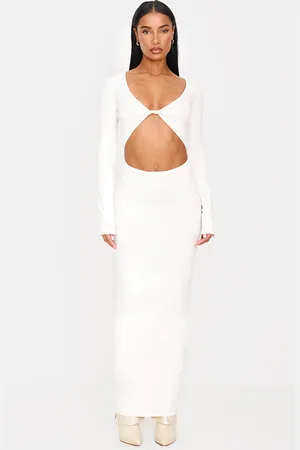 PRETTYLITTLETHING Cream Cotton Twist Cut Out Long Sleeve Midaxi Dress