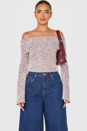PRETTYLITTLETHING Burgundy Boucle Fold Over Bardot Long Sleeve Top