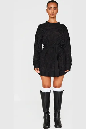 PRETTYLITTLETHING Petite Touch Belted Knit Jumper Dress