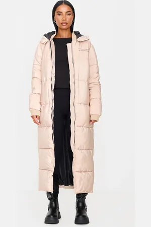 PRETTYLITTLETHING Stone Text Front Maxi Puffer Coat