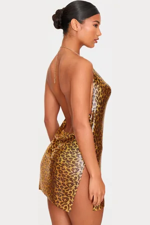 PRETTYLITTLETHING Leopard Print Chainmail Cowl Shift Dress