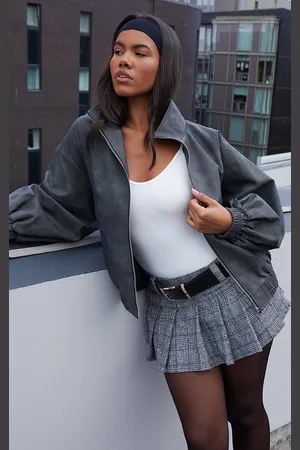 PRETTYLITTLETHING Charcoal Textured Faux Leather High Neck Bomer Jacket