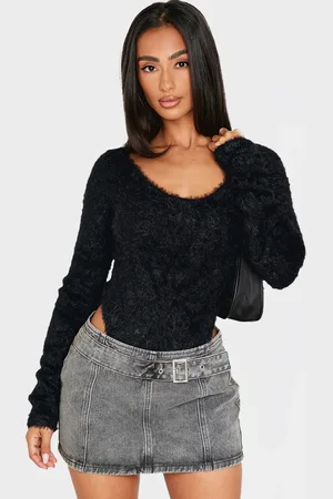 PRETTYLITTLETHING Petite Fluffy Round Neck Scoop Long Sleeve Bodysuit