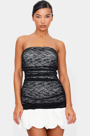 PRETTYLITTLETHING Lace Bandeau Puff Hem Mini Dress